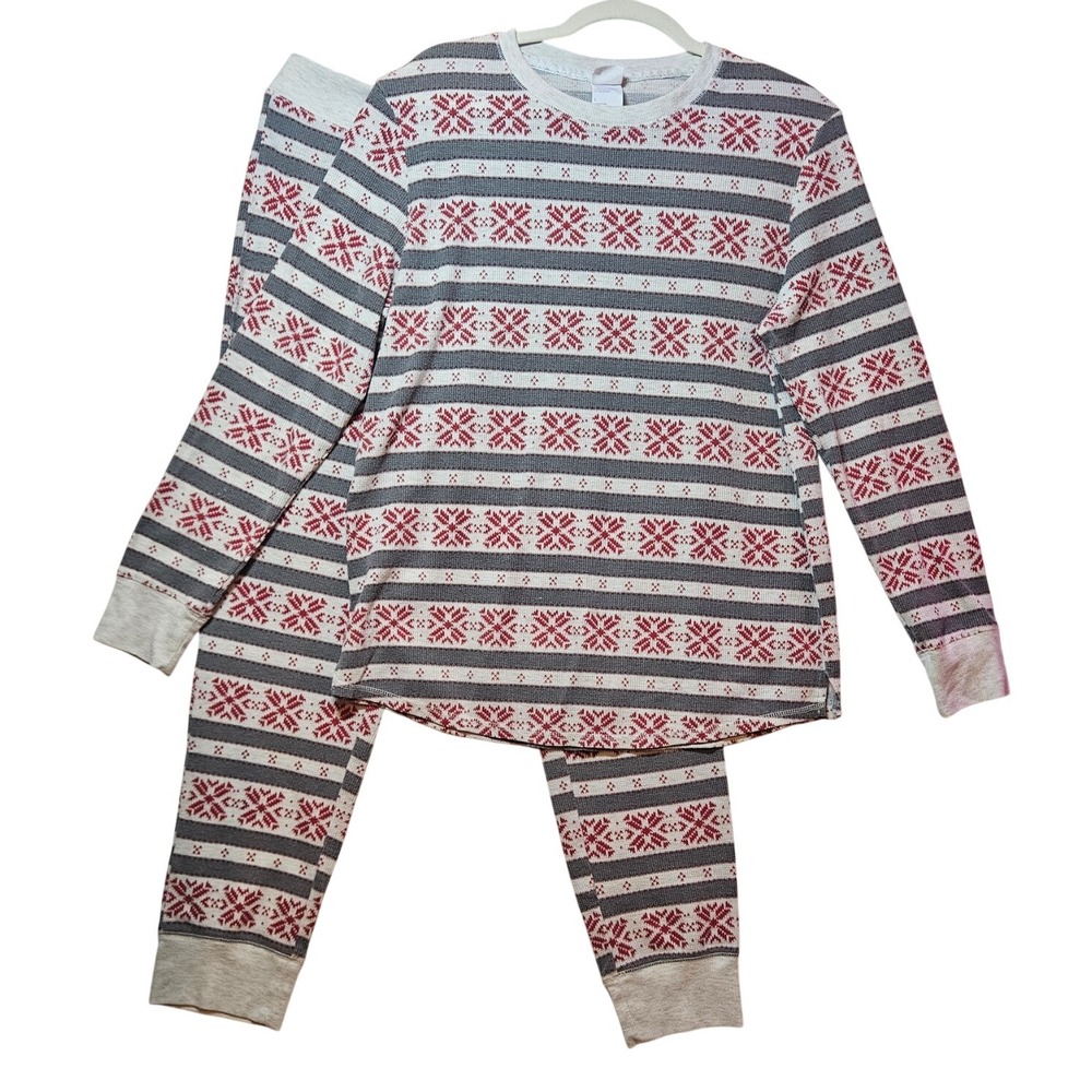 Striped Thermal Pajama Set Snowflake Red & Gray Women's Loungewear